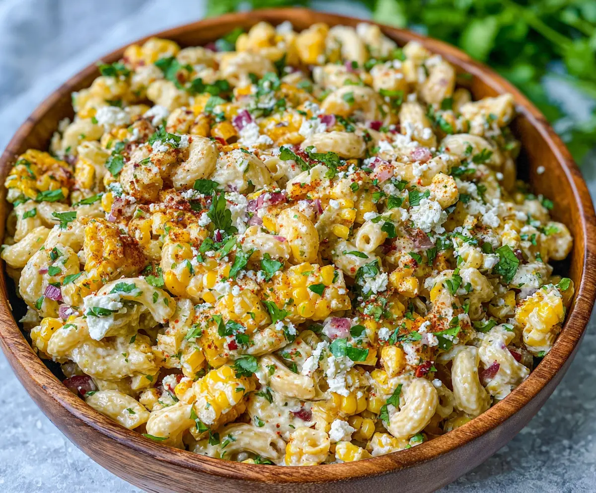Colorful Mexican street corn pasta salad with corn, cheese, and fresh herbs in a bowl.