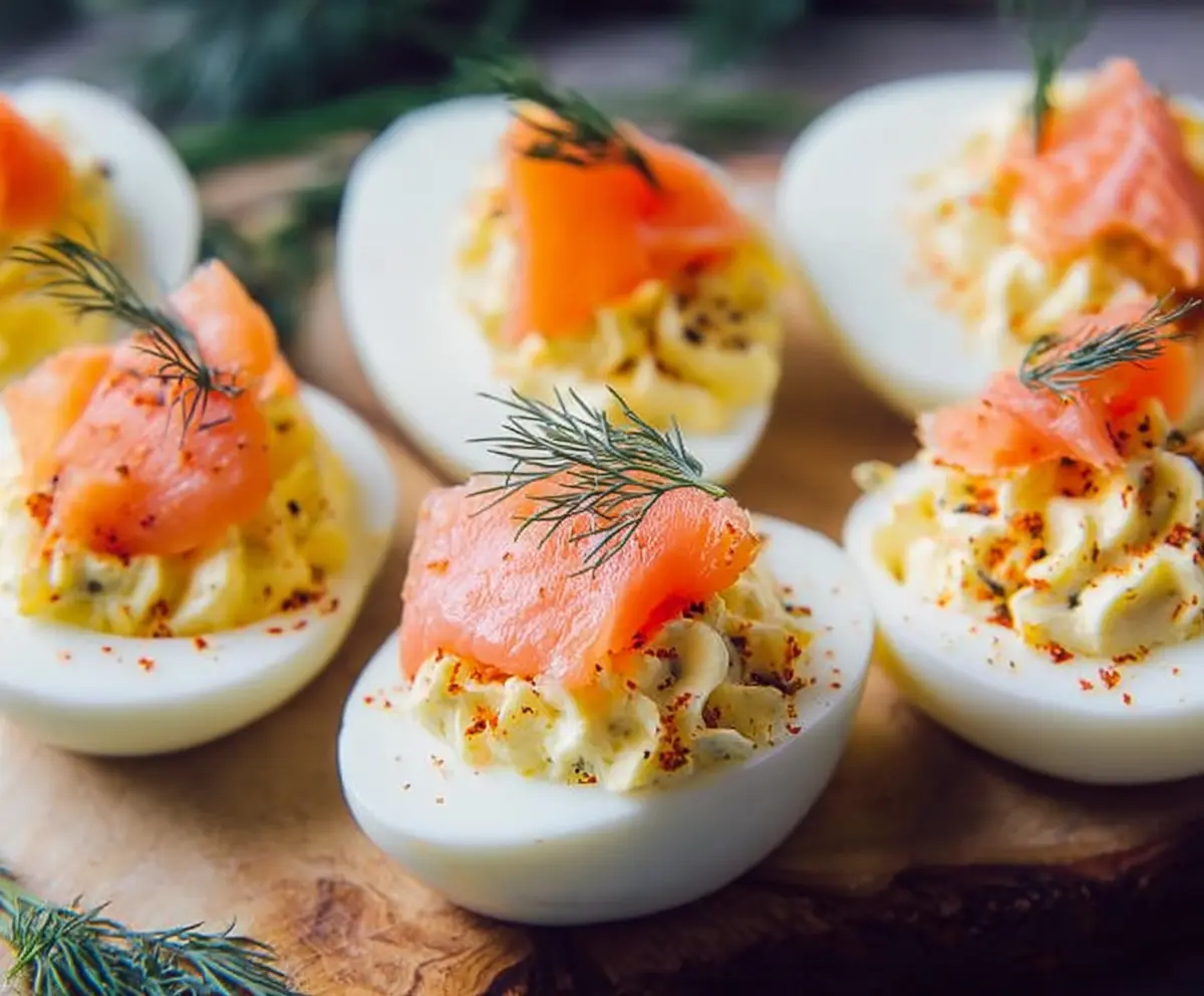 Delicious smoked salmon deviled eggs garnished with fresh herbs on a white plate.