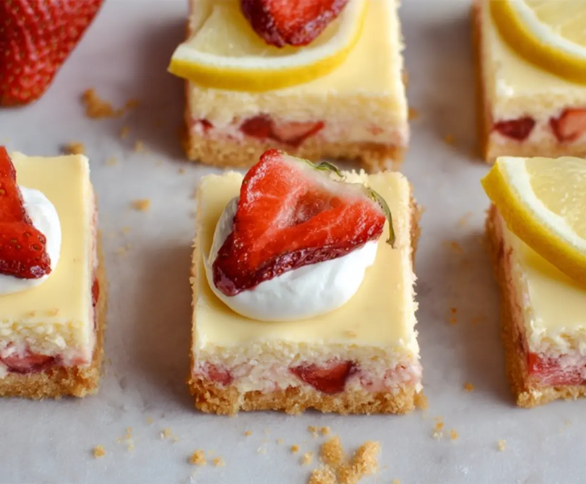 Delicious Springtime Strawberry Lemon Cheesecake Bars with fresh strawberries and a zesty lemon topping