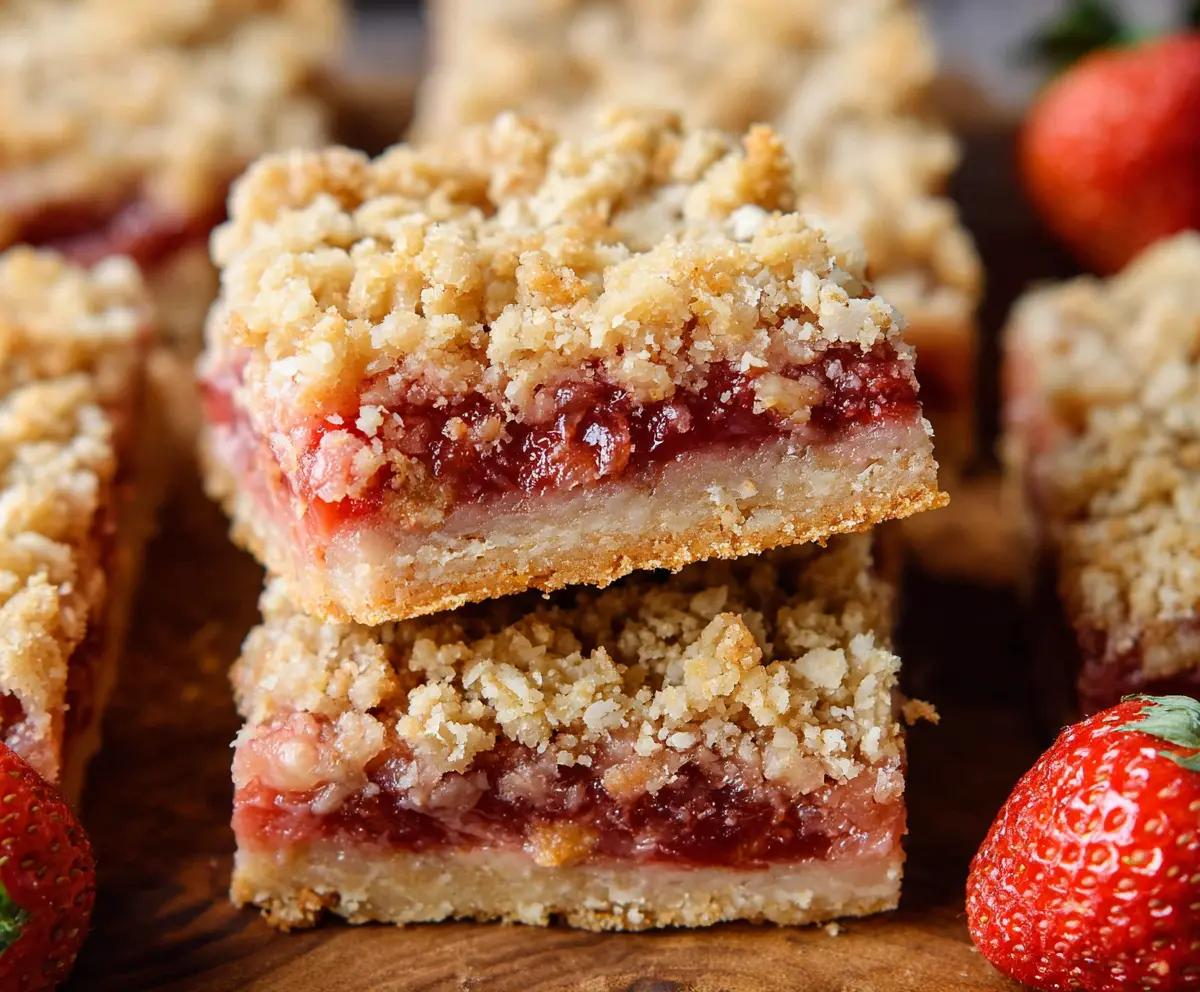 Homemade Strawberry Rhubarb Crumble Bars with fresh fruit and golden crumble topping