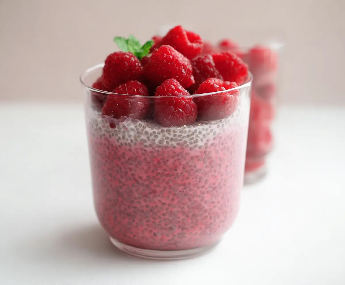 Delicious vegan raspberry chia pudding in a glass jar topped with fresh raspberries and mint leaves