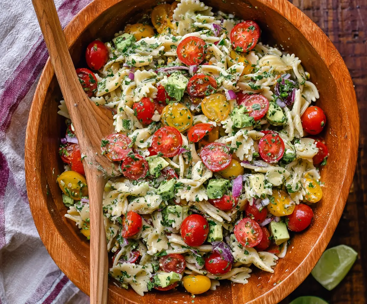 Vibrant cilantro lime pasta salad in a bowl with fresh herbs and lime slices