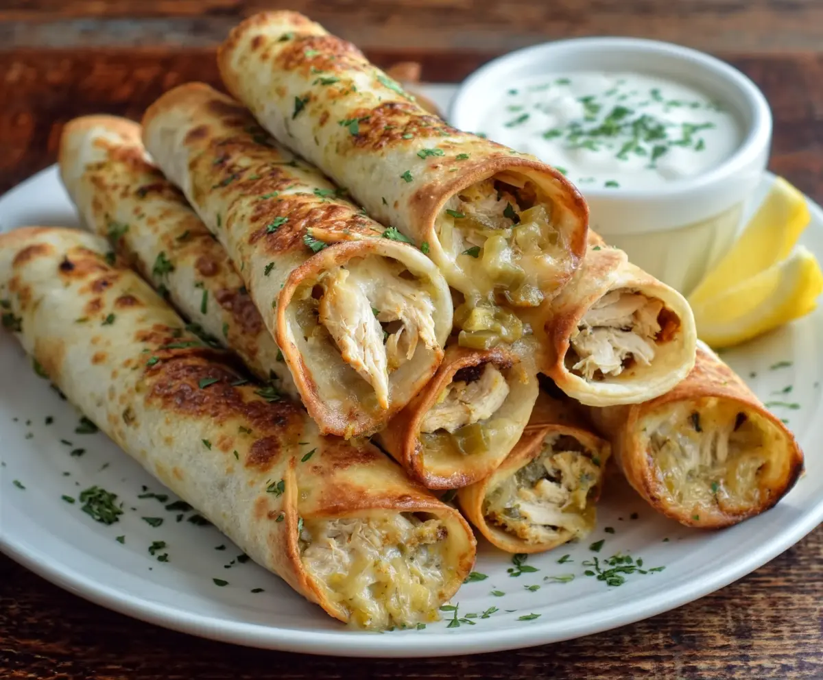 Crunchy dill pickle ranch chicken taquitos served with dipping sauce on a plate.