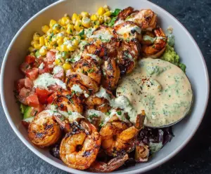 Grilled Shrimp Bowl Recipe with Creamy Garlic Sauce and Seafood Dishes