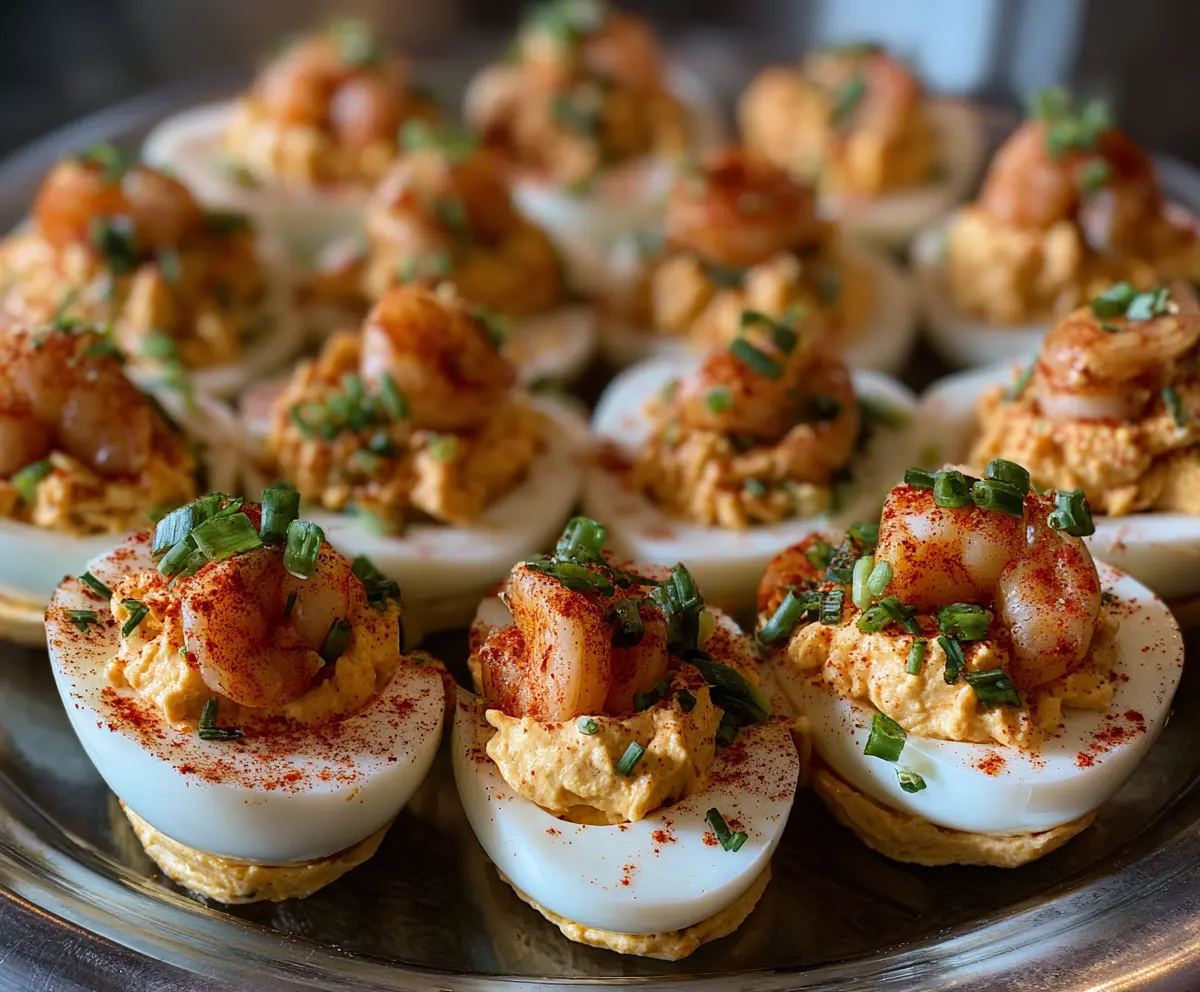 Spicy Crawfish Deviled Eggs with tender crawfish and creamy filling on a white plate.