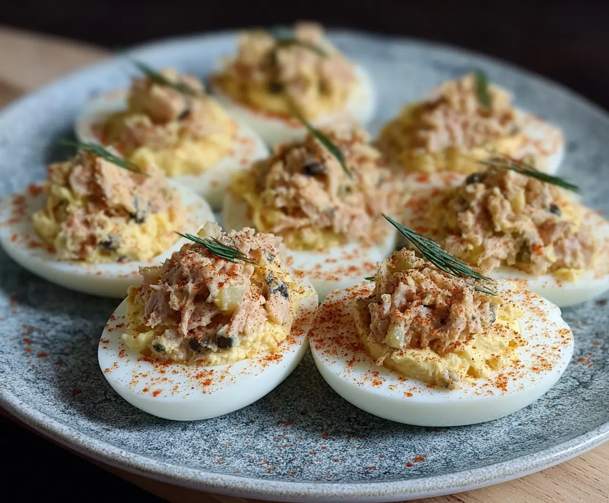 Delicious Tuna Deviled Eggs garnished with herbs on a serving platter.