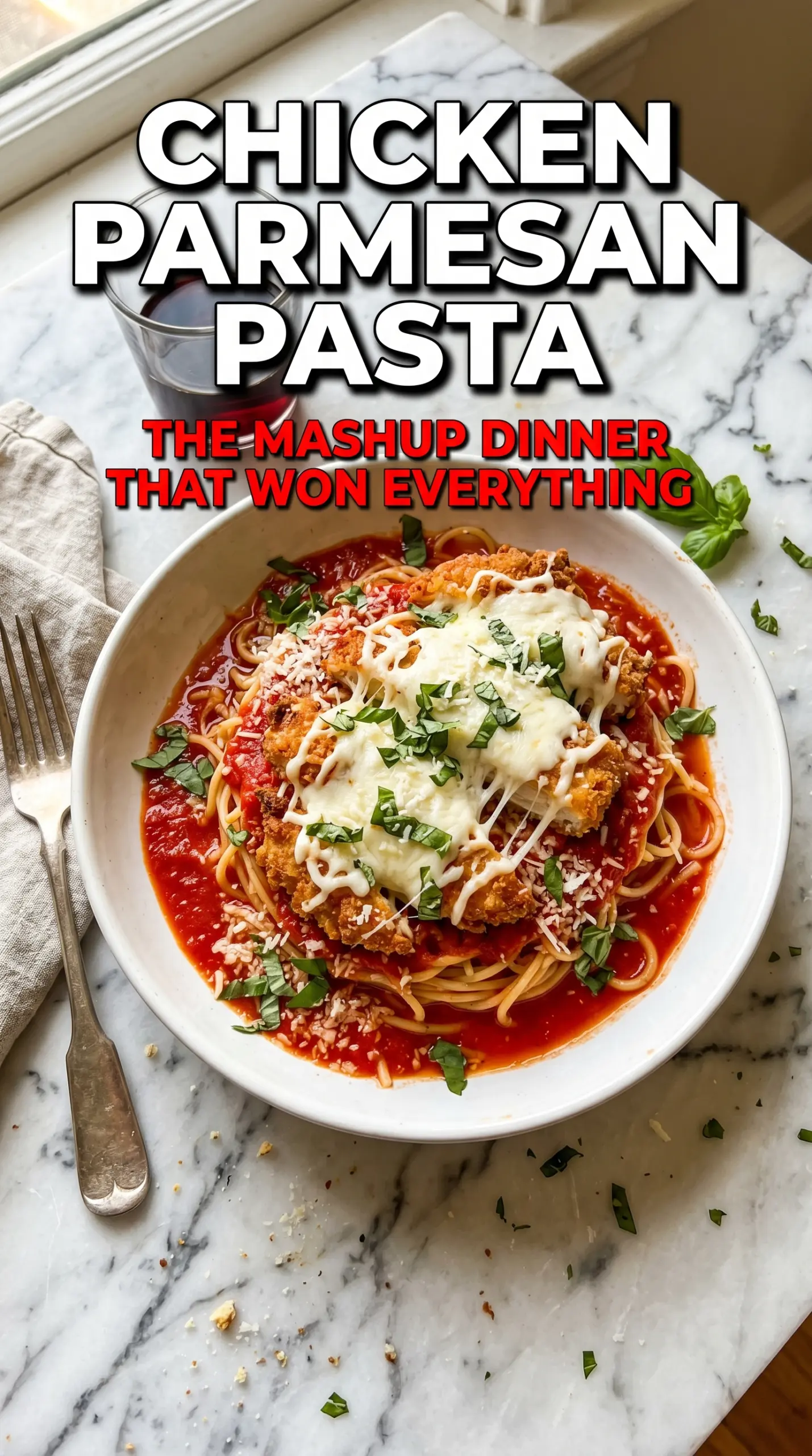 Chicken Parmesan Pasta with crispy chicken, melty cheese, basil