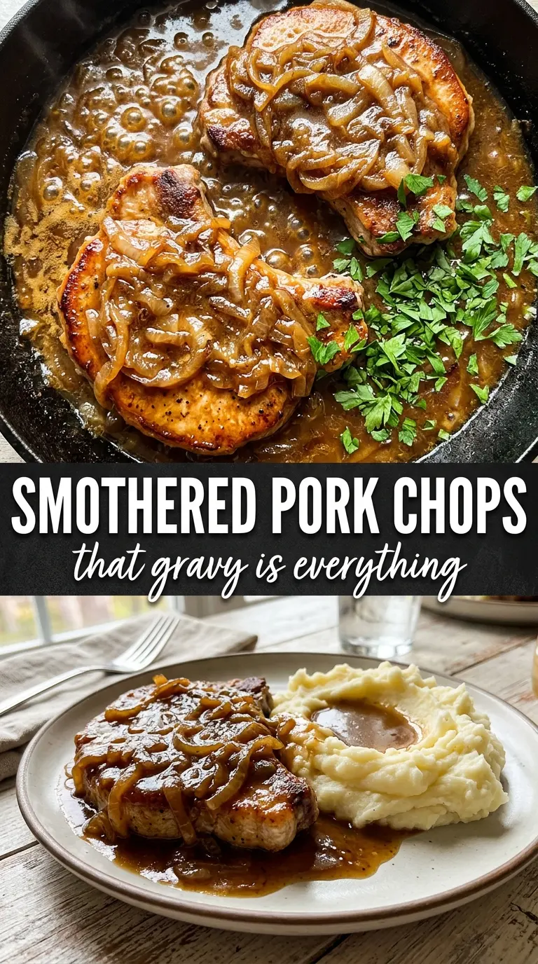 Smothered Pork Chops with onion gravy, mushrooms, and thyme