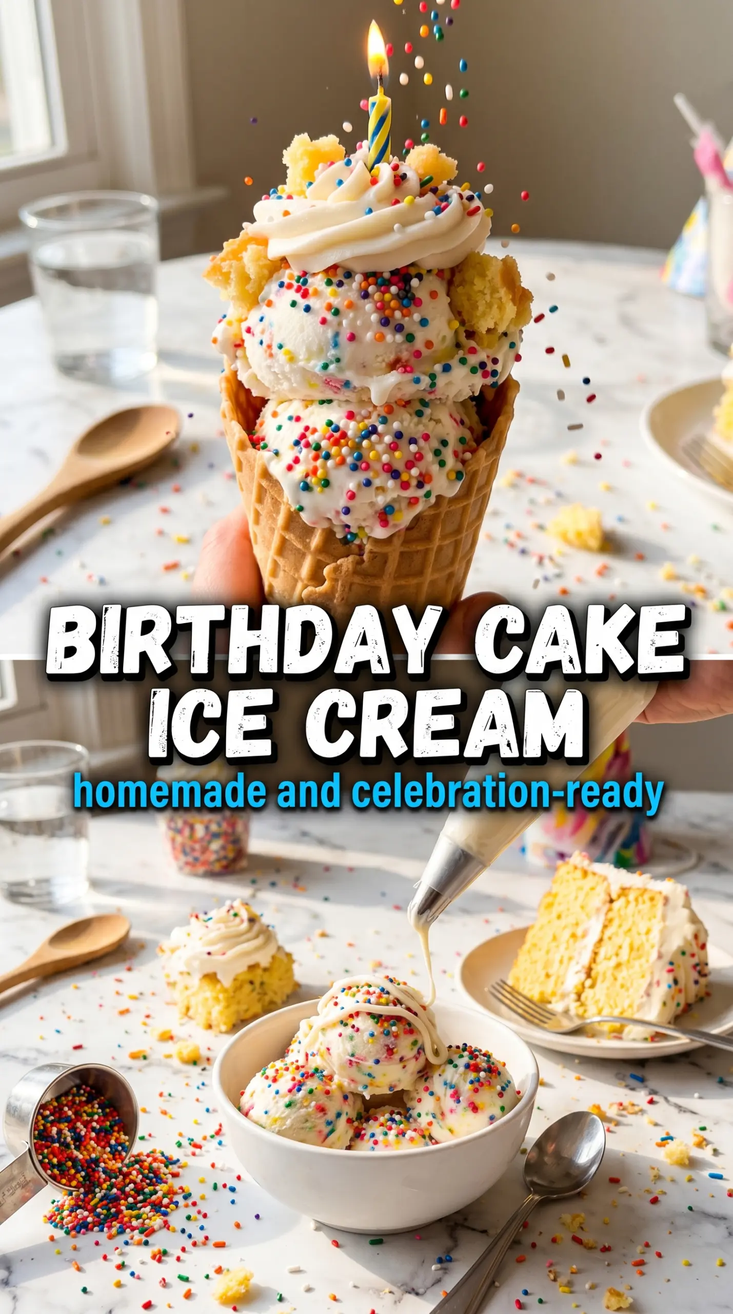 Birthday Cake Homemade Ice Cream, creamy sprinkle-studded, vanilla cake batter