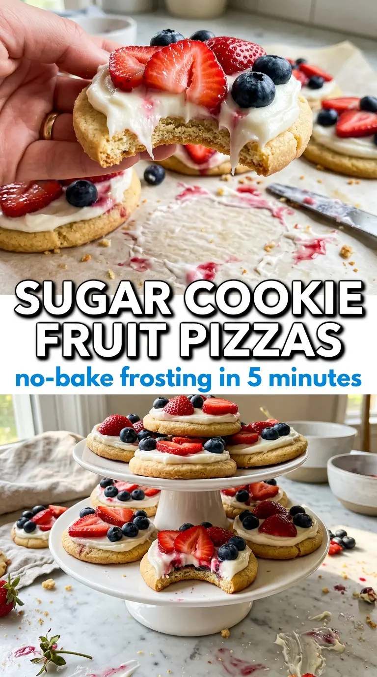 Mini Patriotic Fruit Pizzas with cream cheese, berries, sugar cookie bases