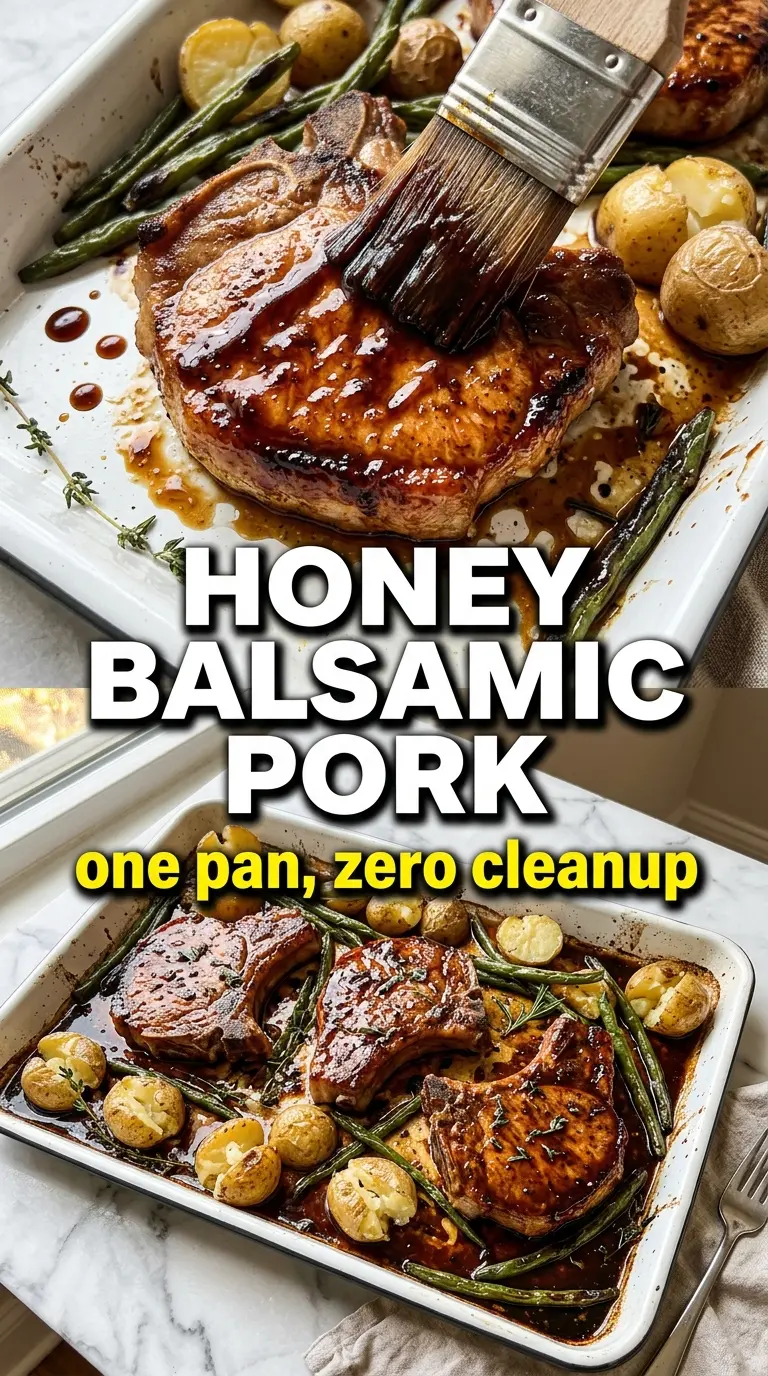 Sheet-Pan Honey-Balsamic Pork Chop Dinner with roasted vegetables, glazed pork, caramelized