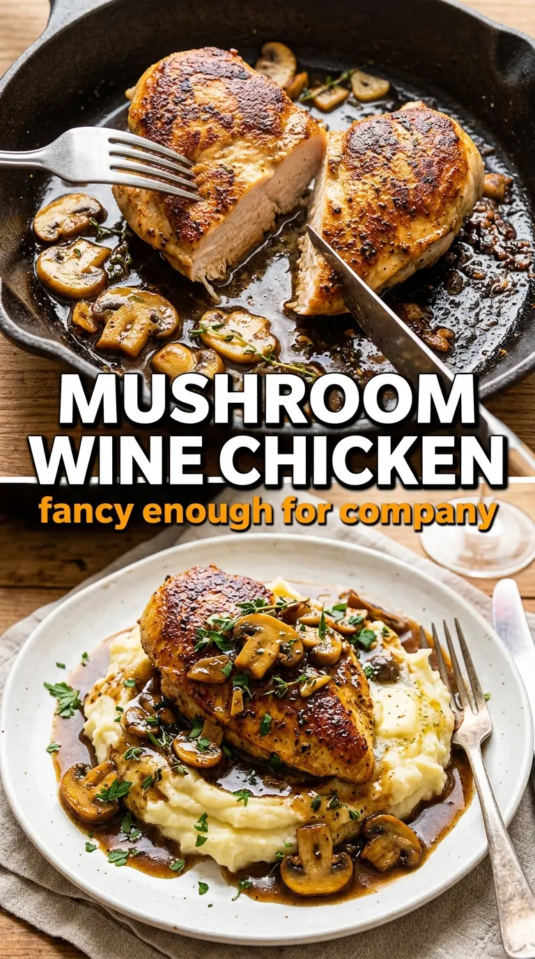 Skillet Chicken and Mushroom Wine Sauce, glossy, savory, elegant