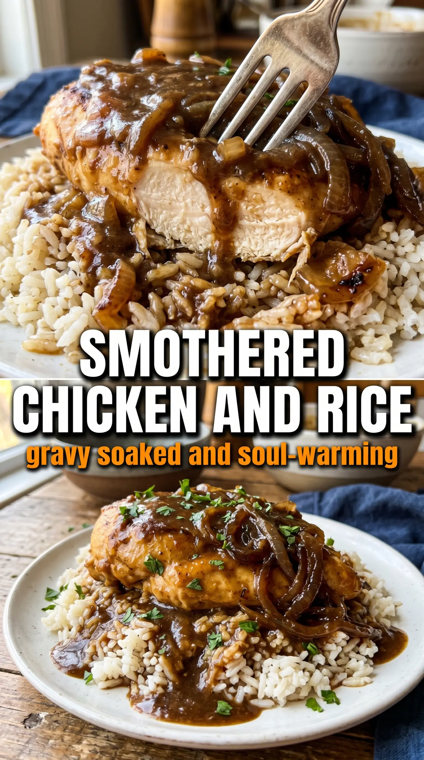 Smothered Chicken and Rice, creamy onion gravy, one pot
