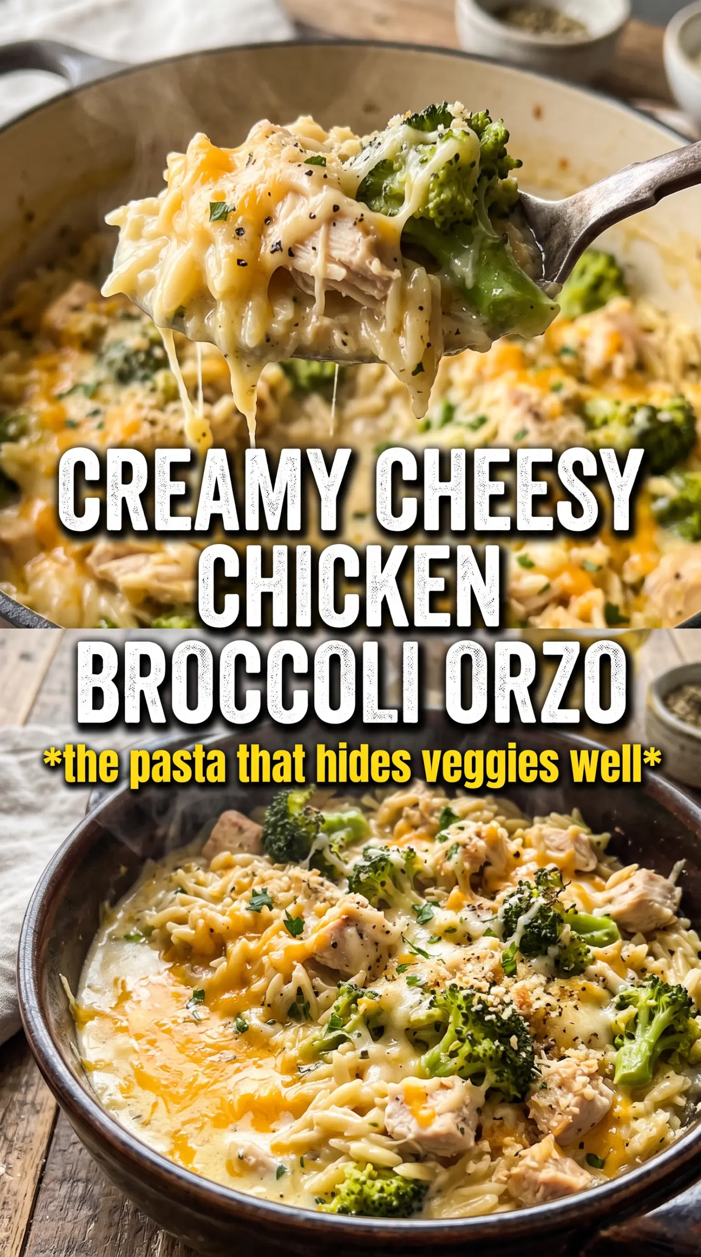 Cheesy Chicken Broccoli Orzo creamy cheddar, tender chicken, broccoli