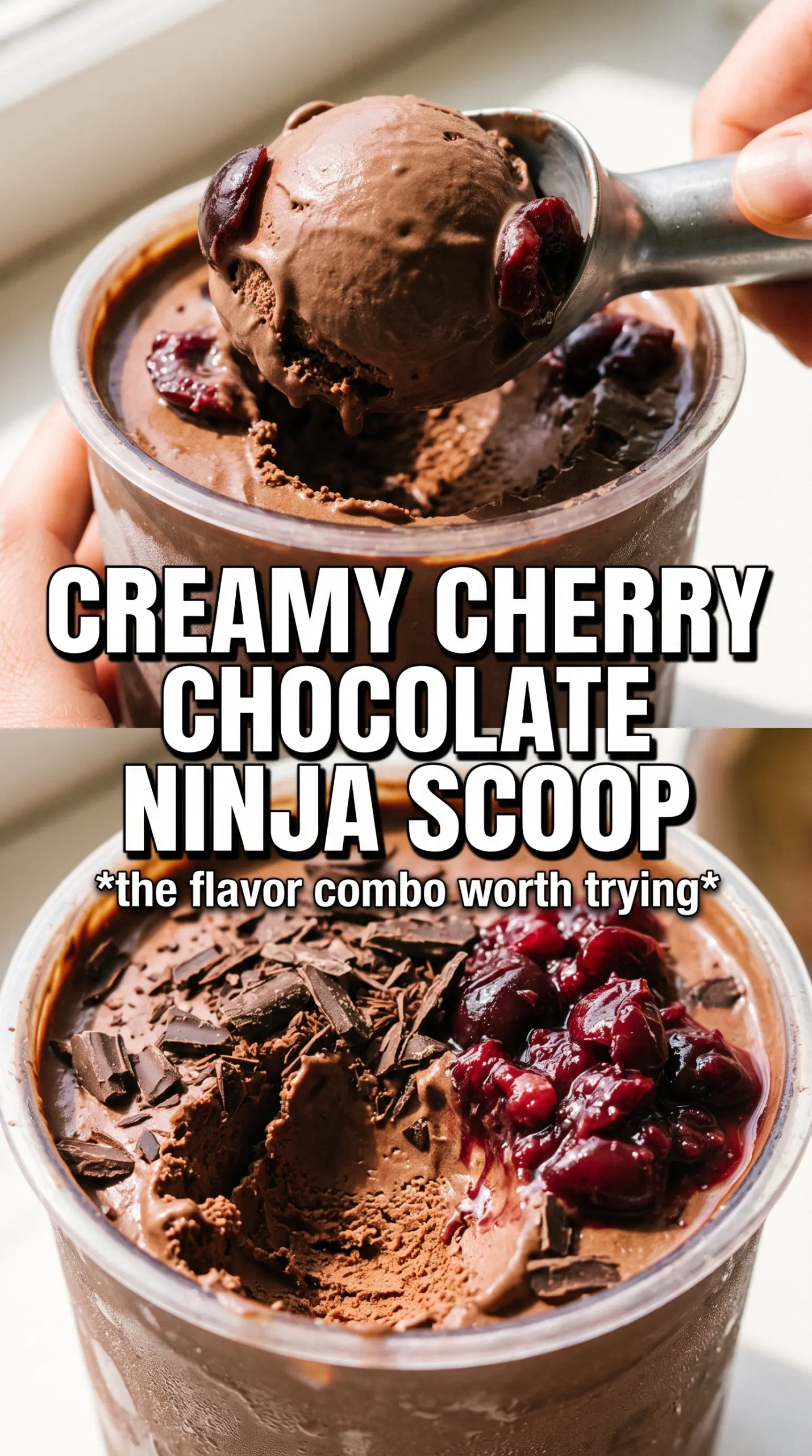 Cherry Chocolate Ice Cream in the Ninja Creami, dark cherry, chocolate swirls