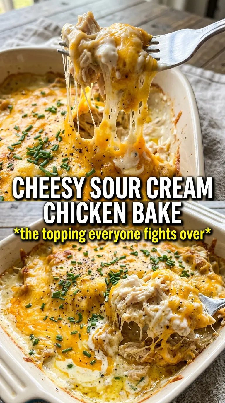 Smothered Cheesy Sour Cream Chicken, golden bubbly, tangy