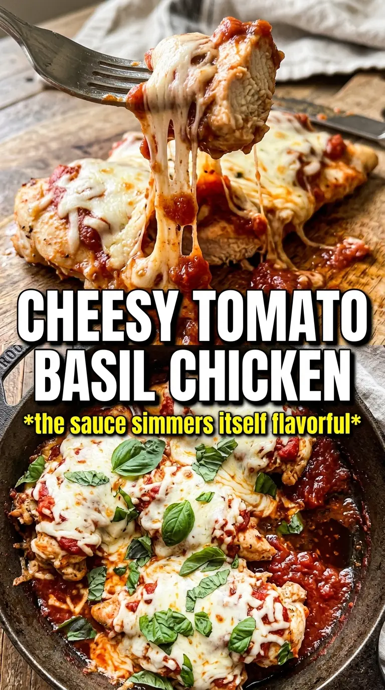 Tomato Basil Chicken Breasts with burst tomatoes, basil, Parmesan