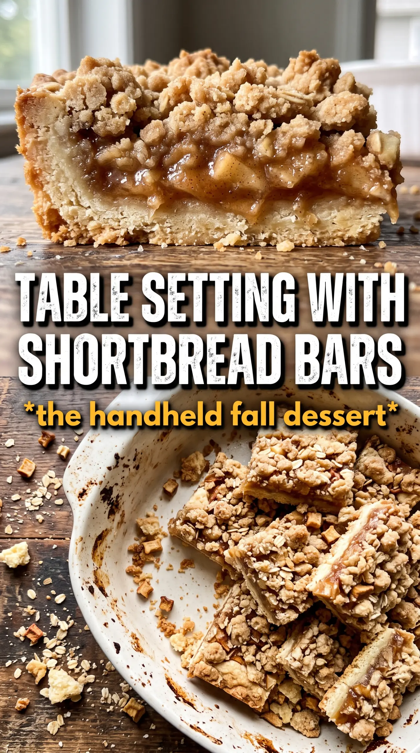 Apple Crisp Shortbread Bars with caramel drizzle, spiced layers, crumb topping