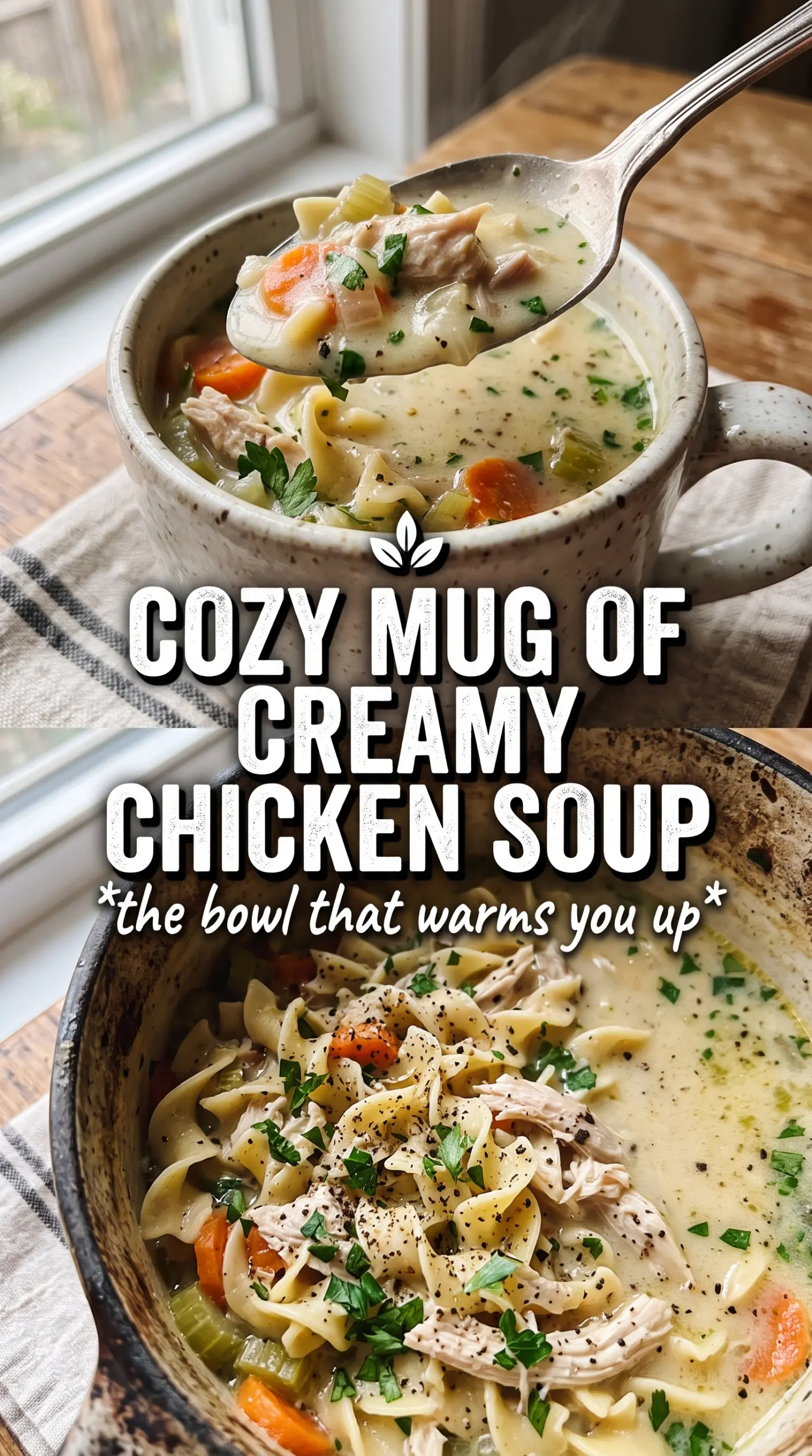 Creamy Chicken Noodle Soup, rich broth, egg noodles