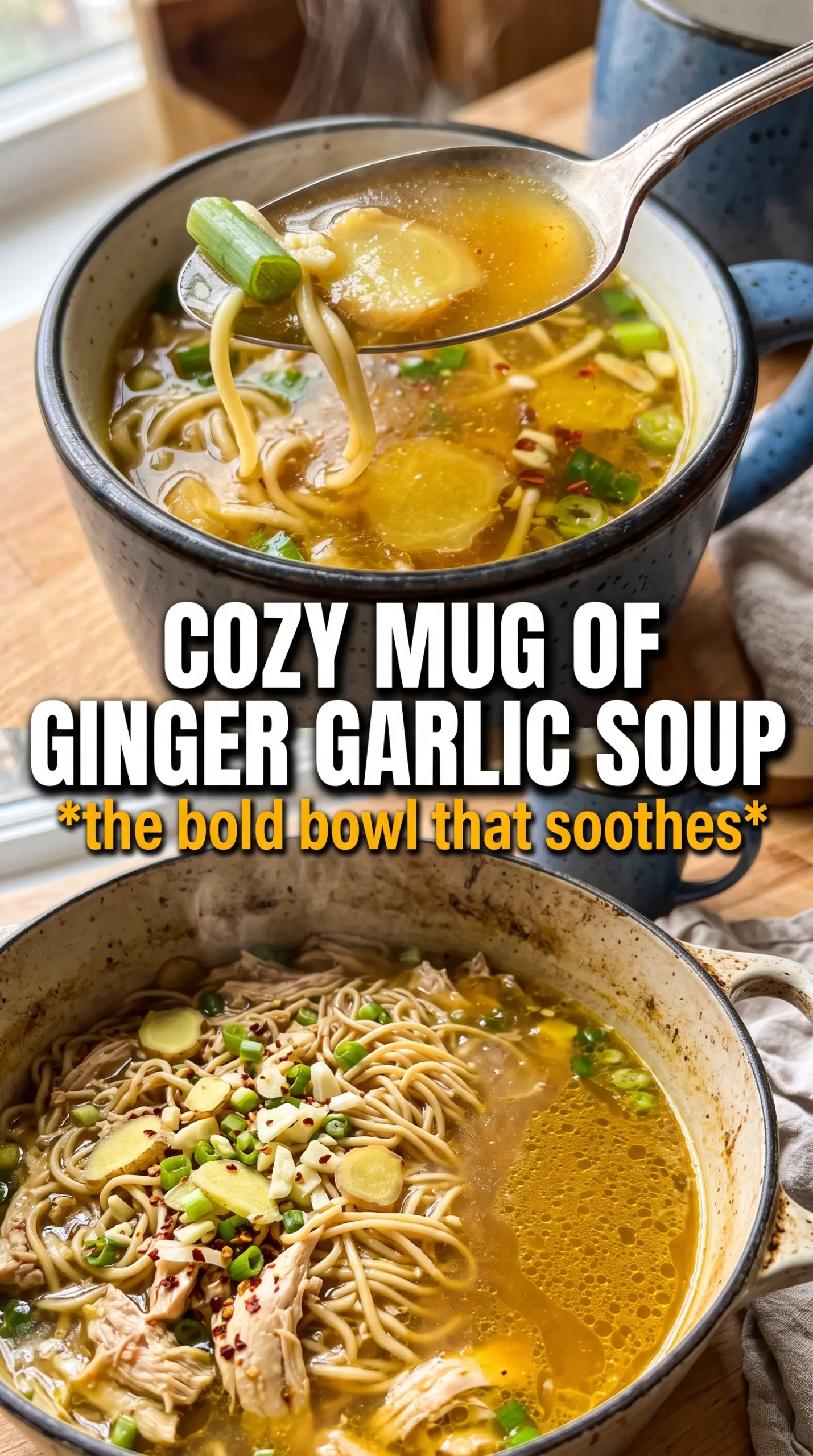 Ginger garlic chicken noodle soup, golden broth, shredded chicken