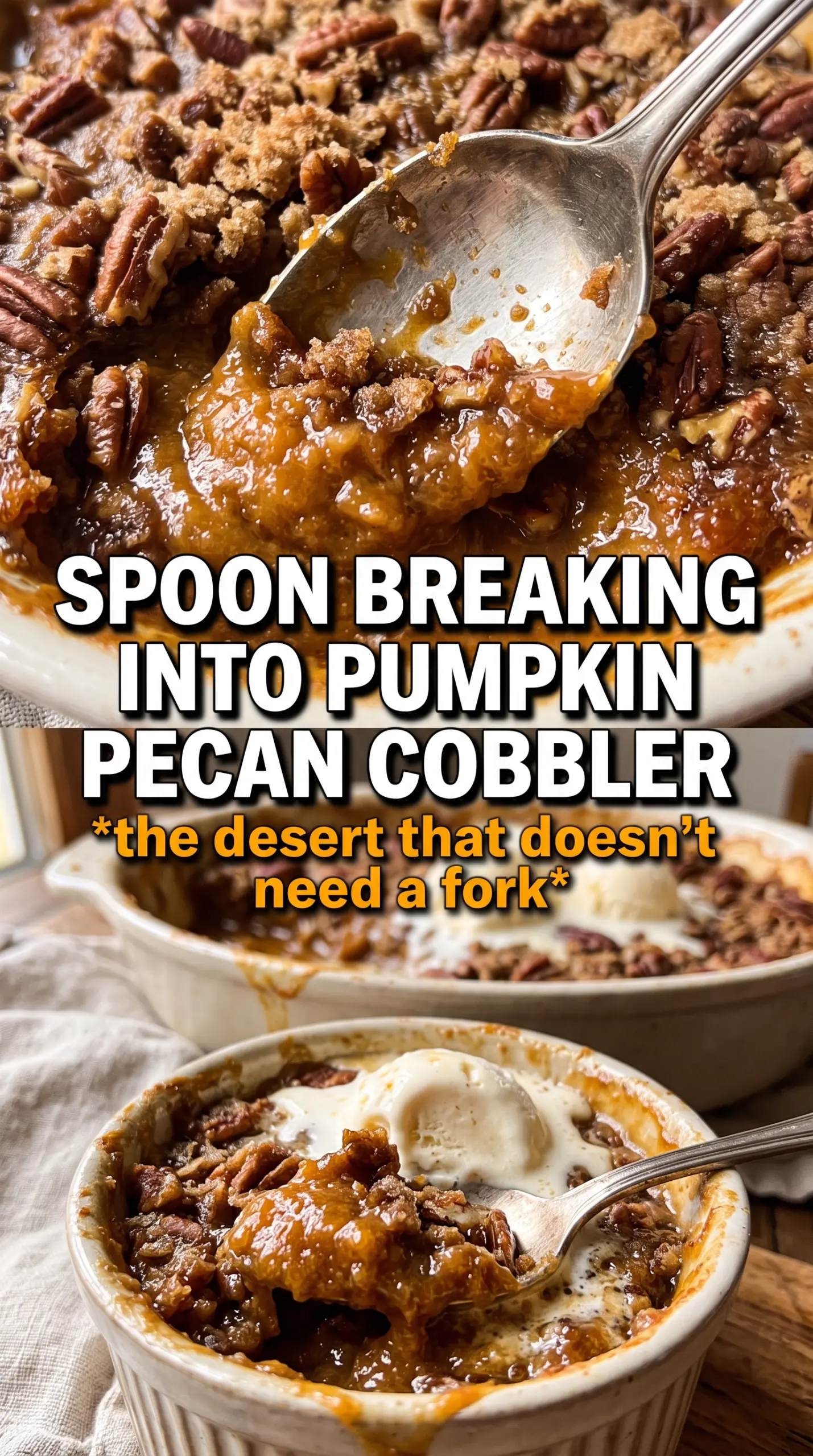 Pumpkin Pecan Cobbler, caramel sauce, buttery topping