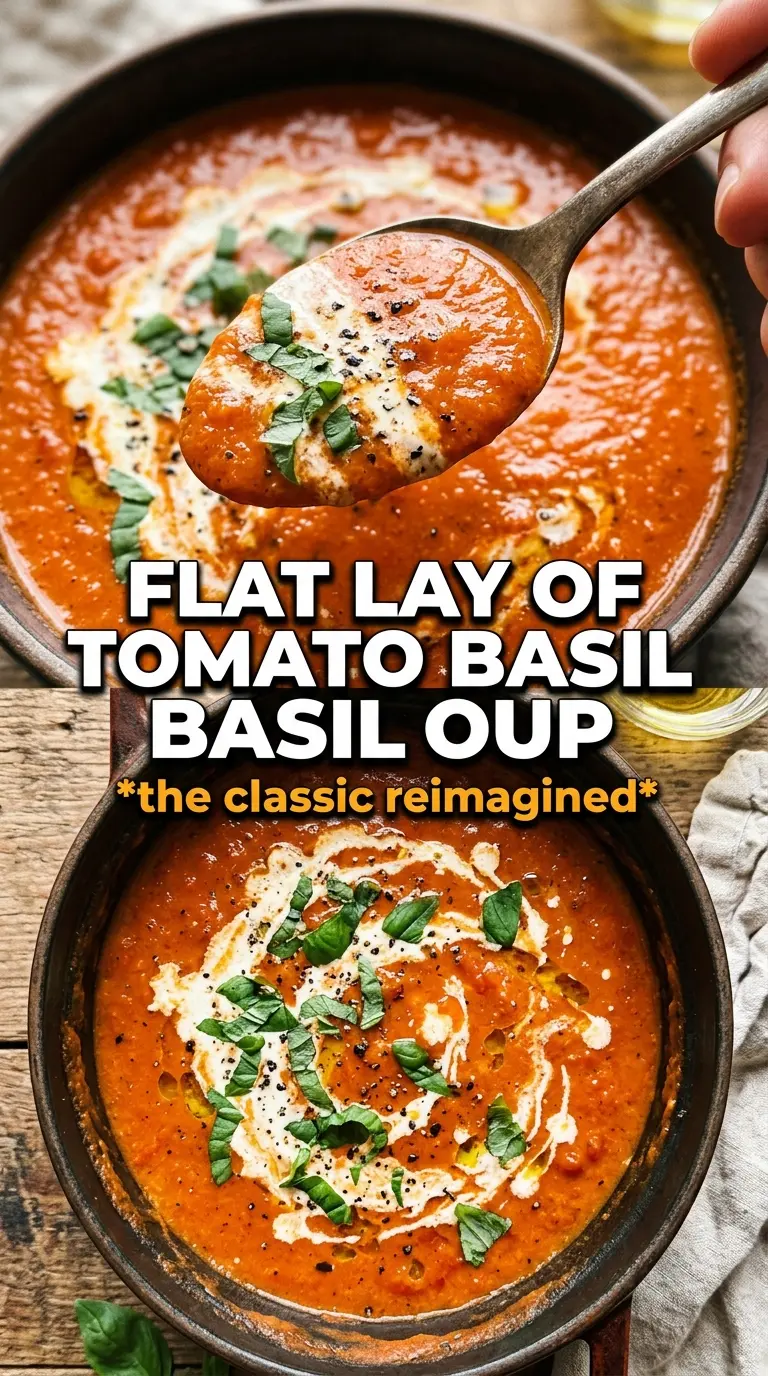 Roasted Tomato Basil Soup, creamy, caramelized, herbaceous
