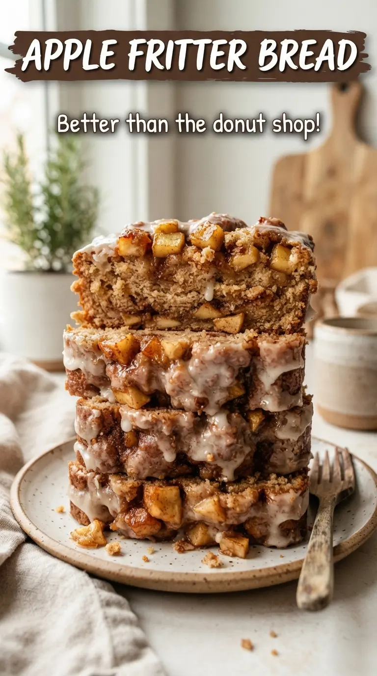 Apple Fritter Bread with cinnamon swirl, glazed loaf, apple chunks
